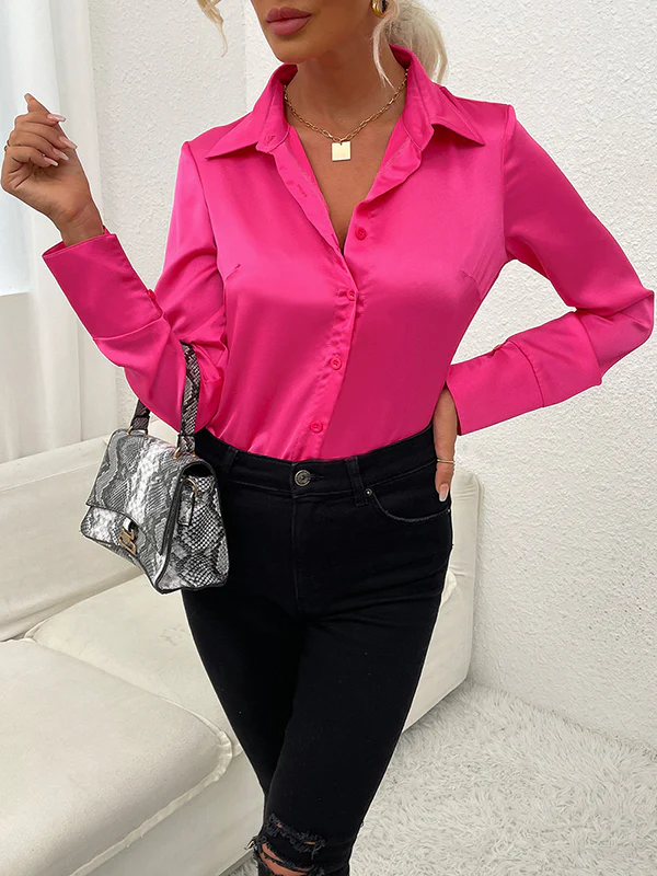 Long Sleeves Loose Buttoned Solid Color Lapel Blouses&Shirts Tops - Image 5