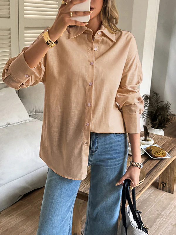 Long Sleeves Loose Buttoned Solid Color Lapel Blouses&Shirts Tops - Image 12