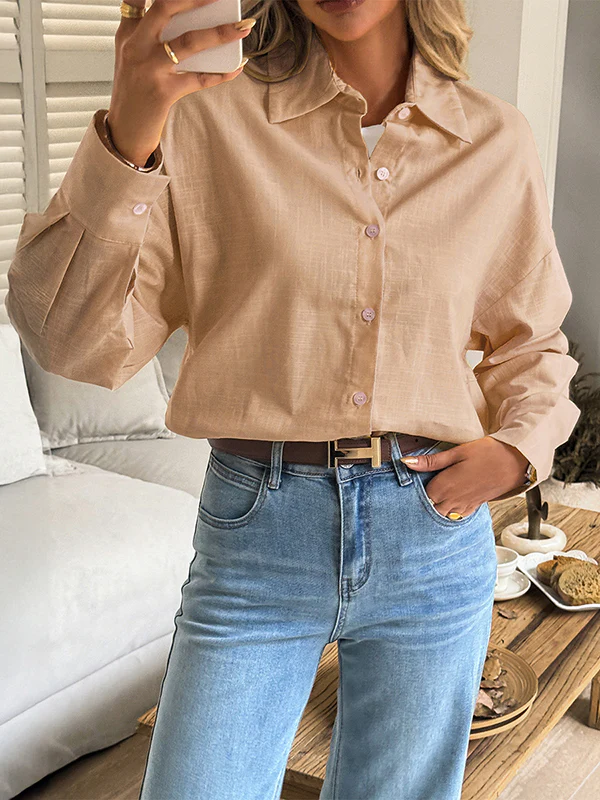 Long Sleeves Loose Buttoned Solid Color Lapel Blouses&Shirts Tops - Image 3