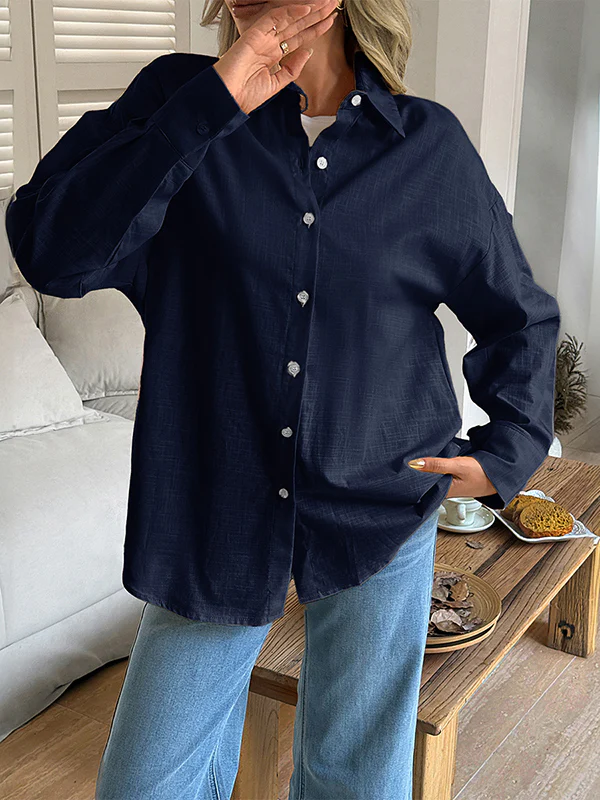Long Sleeves Loose Buttoned Solid Color Lapel Blouses&Shirts Tops - Image 5