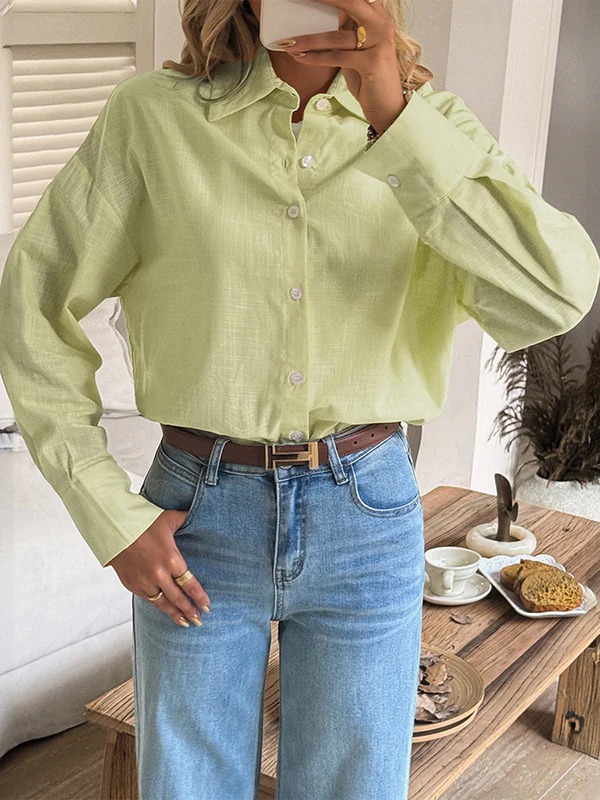 Long Sleeves Loose Buttoned Solid Color Lapel Blouses&Shirts Tops - Image 7