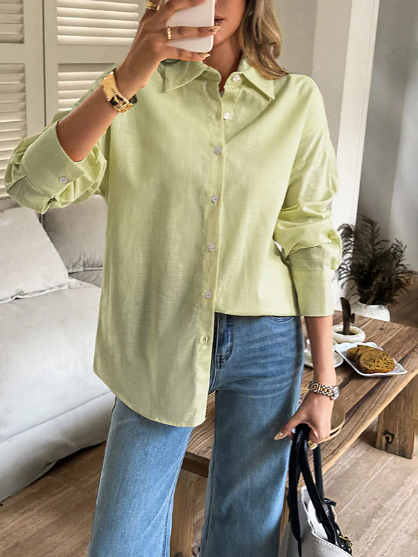 Long Sleeves Loose Buttoned Solid Color Lapel Blouses&Shirts Tops - Image 8