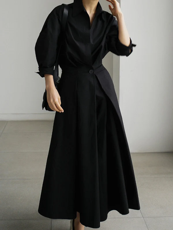 Long Sleeves Loose Buttoned Solid Color Lapel Midi Dresses - Image 11