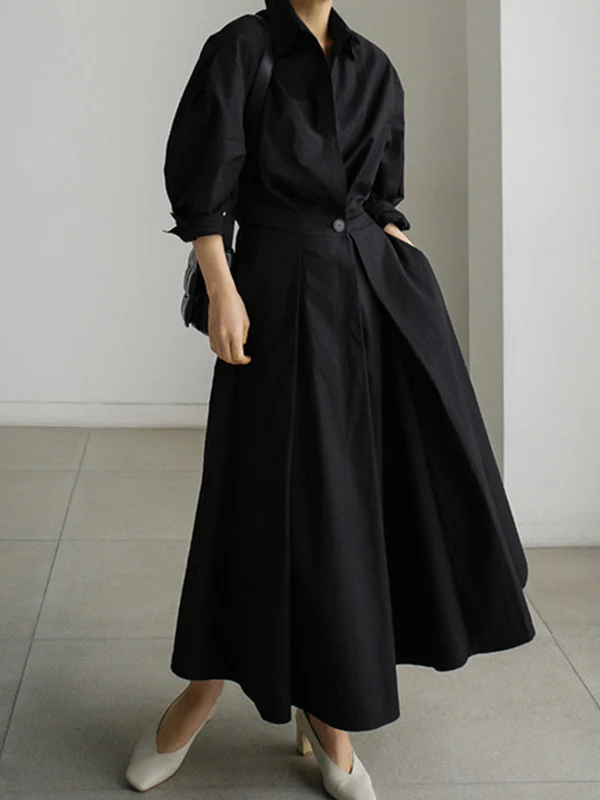 Long Sleeves Loose Buttoned Solid Color Lapel Midi Dresses - Image 12