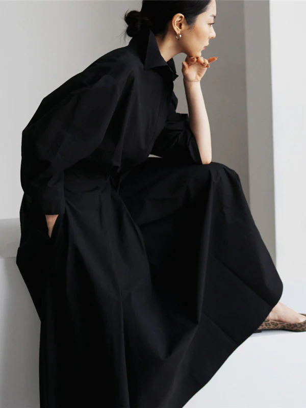 Long Sleeves Loose Buttoned Solid Color Lapel Midi Dresses - Image 13
