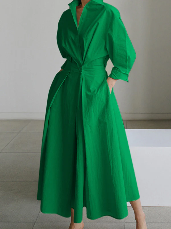 Long Sleeves Loose Buttoned Solid Color Lapel Midi Dresses - Image 14