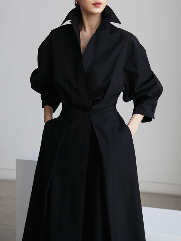 Long Sleeves Loose Buttoned Solid Color Lapel Midi Dresses - Image 15
