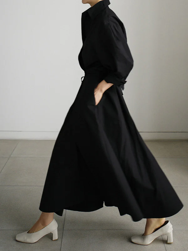 Long Sleeves Loose Buttoned Solid Color Lapel Midi Dresses - Image 16