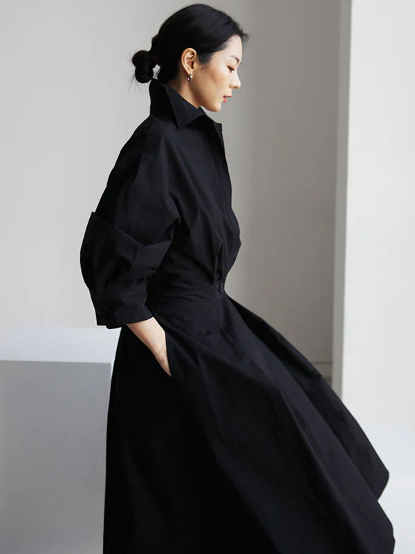 Long Sleeves Loose Buttoned Solid Color Lapel Midi Dresses - Image 17