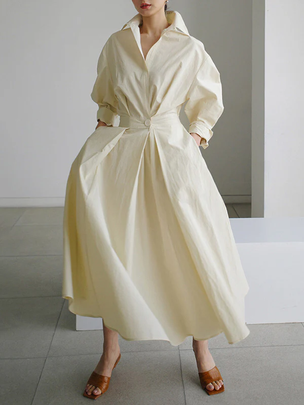 Long Sleeves Loose Buttoned Solid Color Lapel Midi Dresses - Image 2