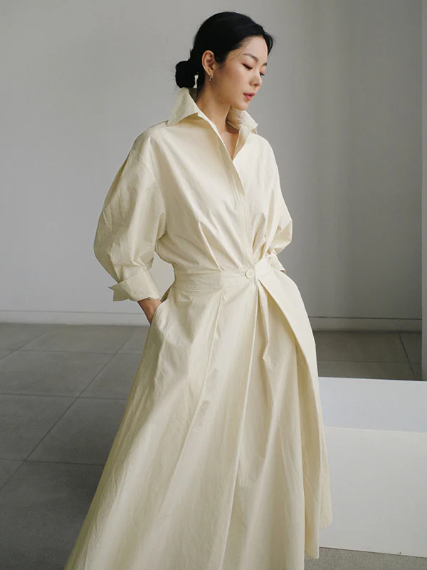 Long Sleeves Loose Buttoned Solid Color Lapel Midi Dresses - Image 3