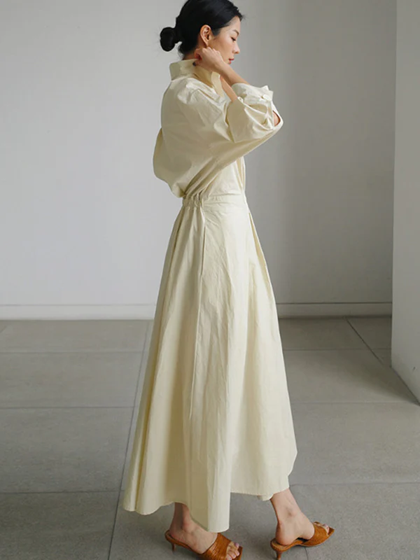 Long Sleeves Loose Buttoned Solid Color Lapel Midi Dresses - Image 4