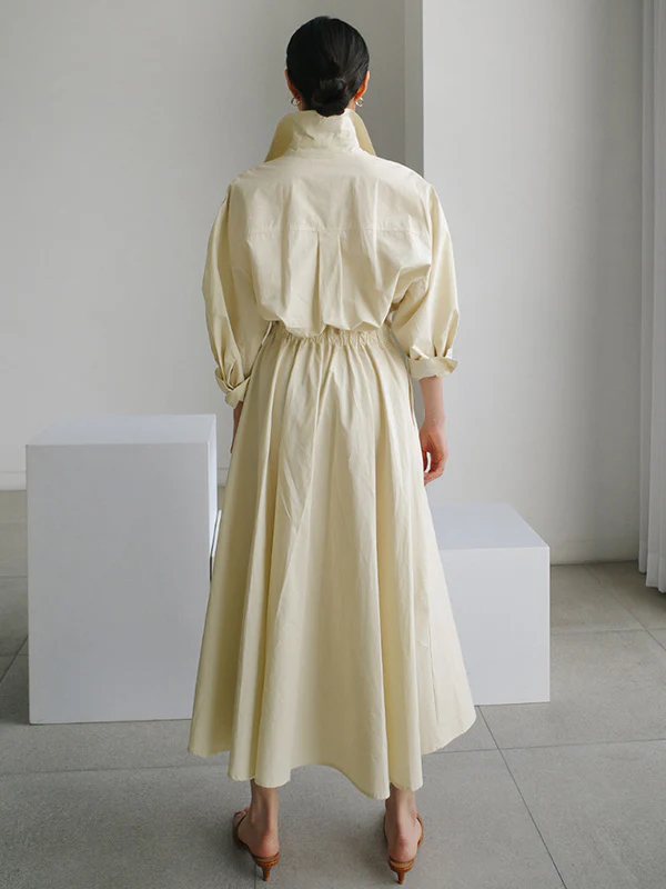 Long Sleeves Loose Buttoned Solid Color Lapel Midi Dresses - Image 5