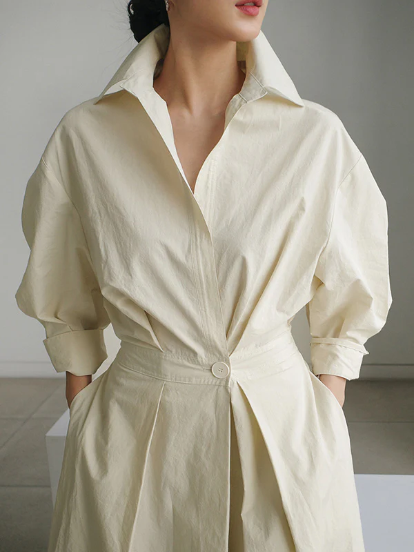 Long Sleeves Loose Buttoned Solid Color Lapel Midi Dresses - Image 6