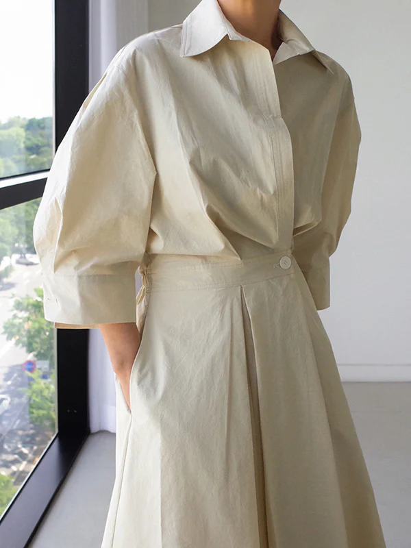 Long Sleeves Loose Buttoned Solid Color Lapel Midi Dresses - Image 7