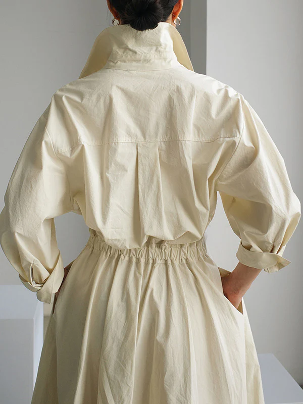 Long Sleeves Loose Buttoned Solid Color Lapel Midi Dresses - Image 8
