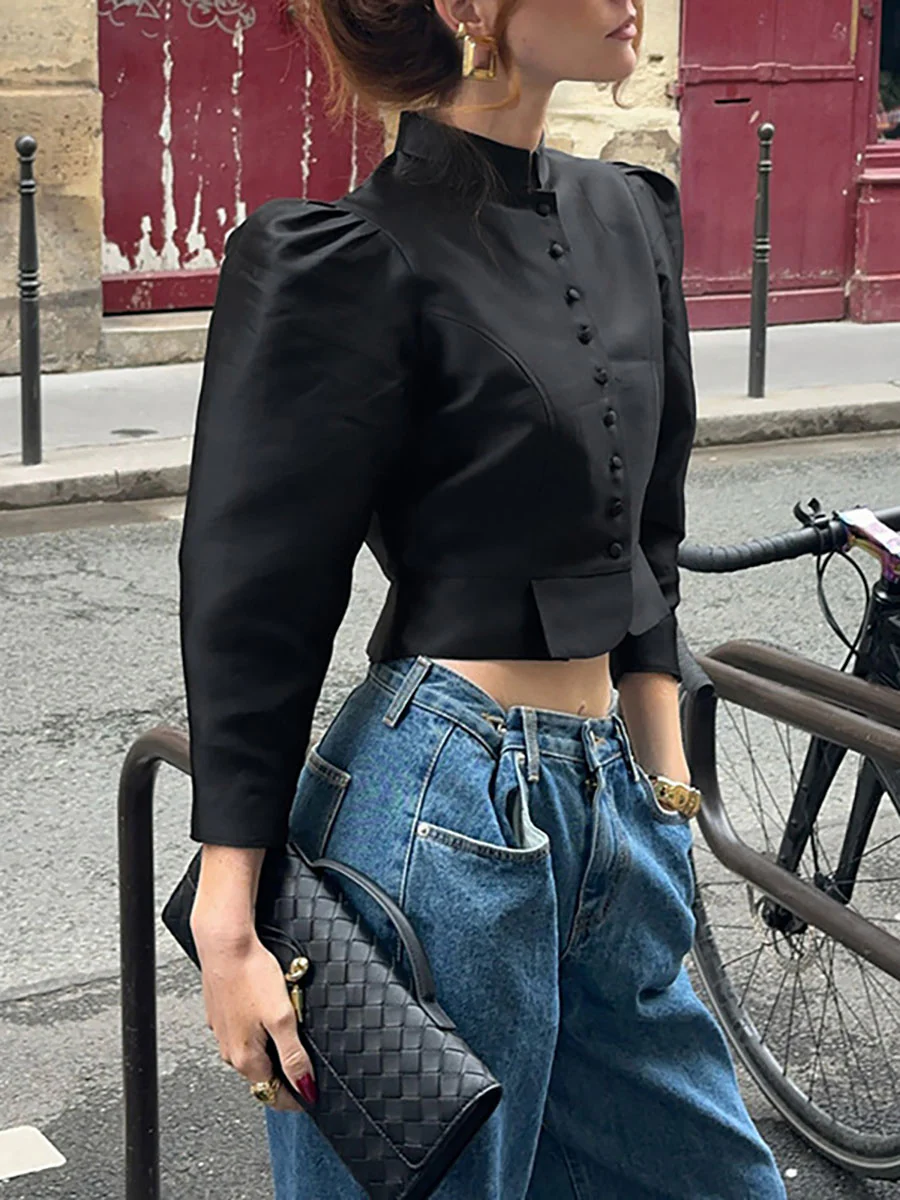 Long Sleeves Loose Buttoned Solid Color Mock Neck Blouses&Shirts Tops - Image 3