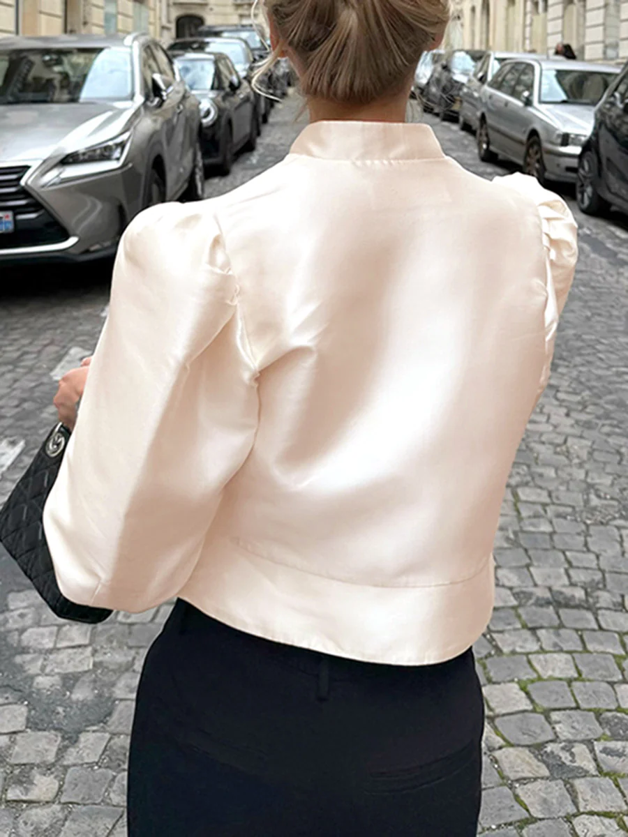 Long Sleeves Loose Buttoned Solid Color Mock Neck Blouses&Shirts Tops - Image 5