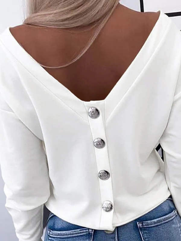 Long Sleeves Loose Buttoned Solid Color Round-Neck T-Shirts Tops - Image 2