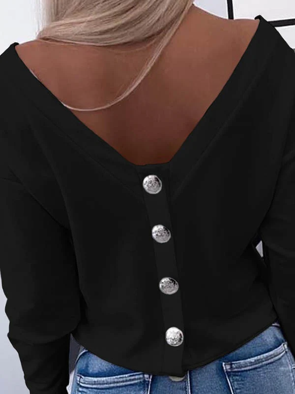 Long Sleeves Loose Buttoned Solid Color Round-Neck T-Shirts Tops - Image 4