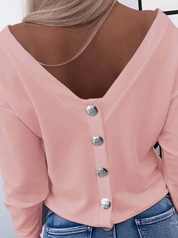 Long Sleeves Loose Buttoned Solid Color Round-Neck T-Shirts Tops - Image 6