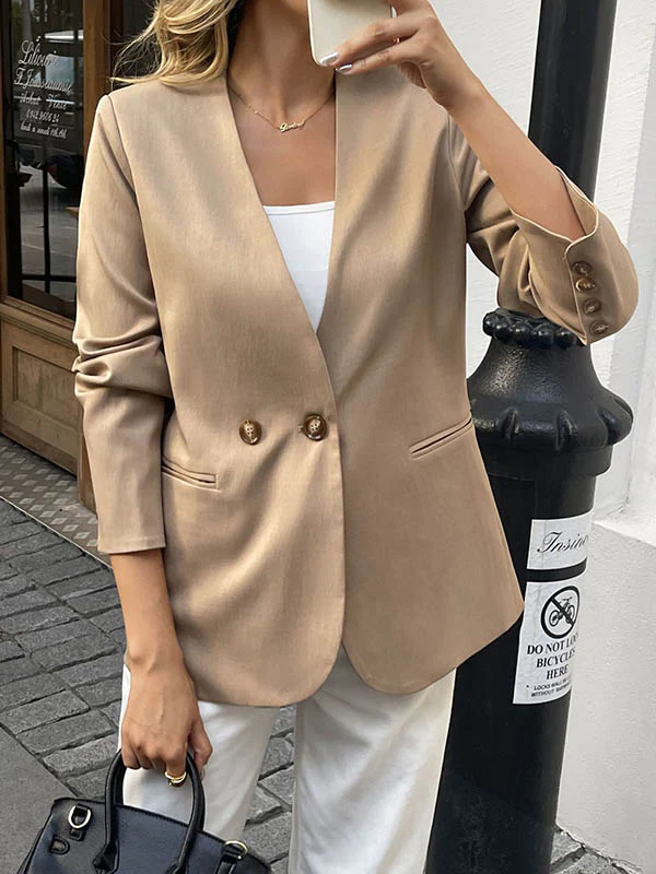 Long Sleeves Loose Buttoned Solid Color Split-Joint Collarless Blazer Outerwear - Image 3