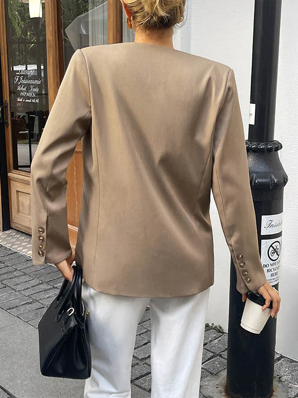 Long Sleeves Loose Buttoned Solid Color Split-Joint Collarless Blazer Outerwear - Image 5