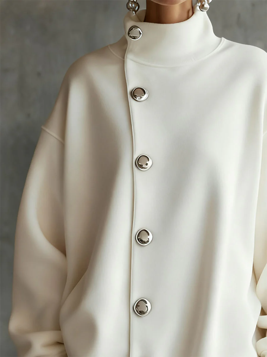 Long Sleeves Loose Buttoned Solid Color Split-Joint High Neck Mini Dresses Sweatershirt - Image 3