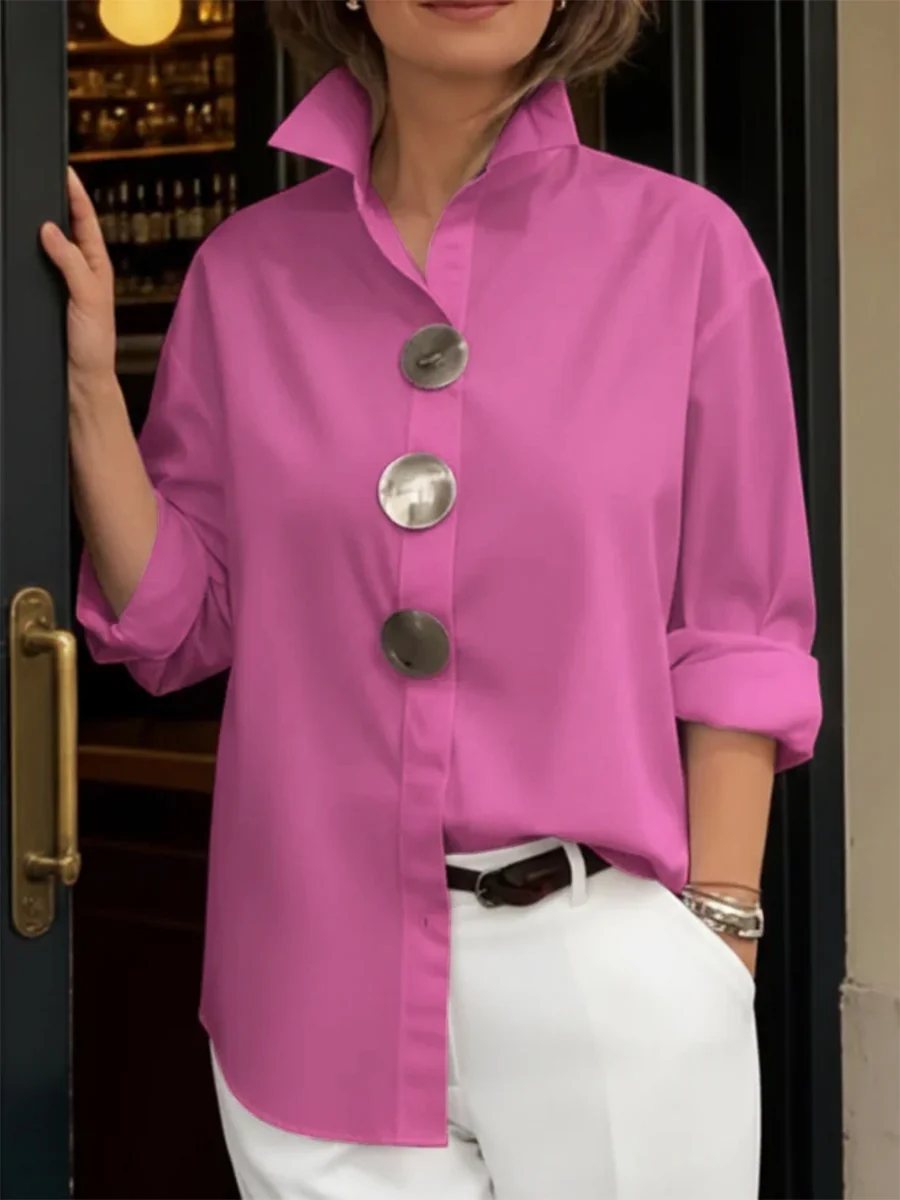 Long Sleeves Loose Buttoned Solid Color Split-Joint Lapel Blouses&Shirts Tops - Image 2