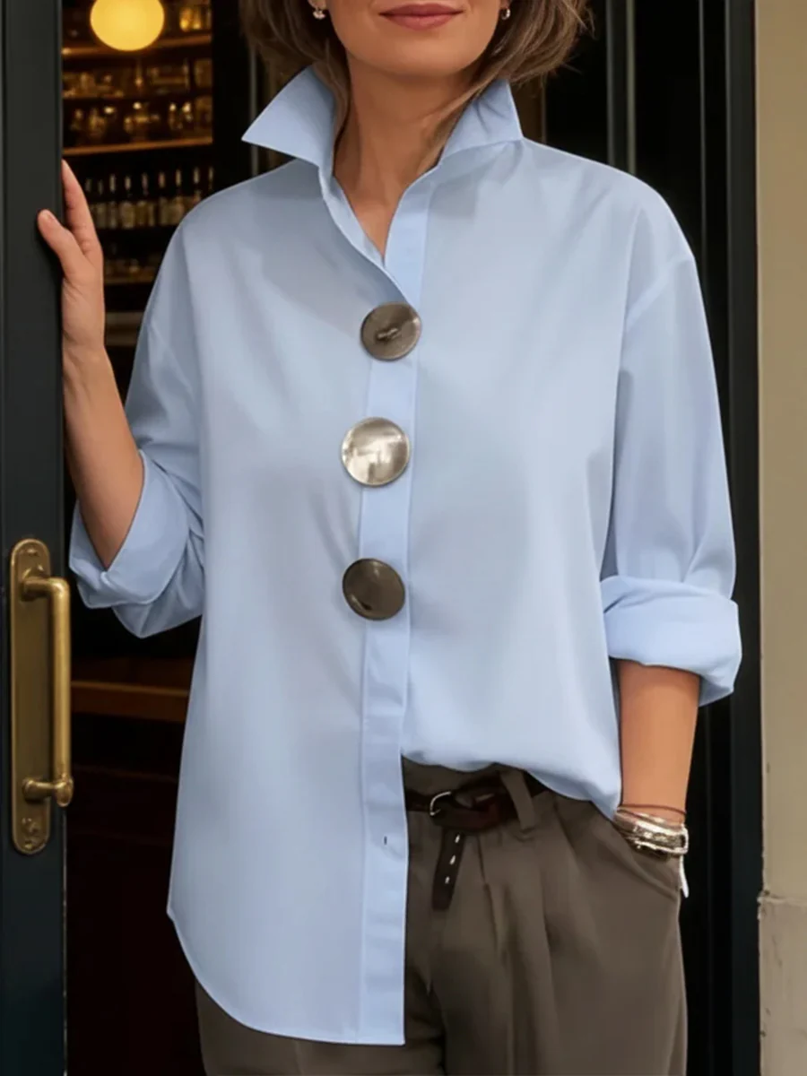 Long Sleeves Loose Buttoned Solid Color Split-Joint Lapel Blouses&Shirts Tops - Image 3
