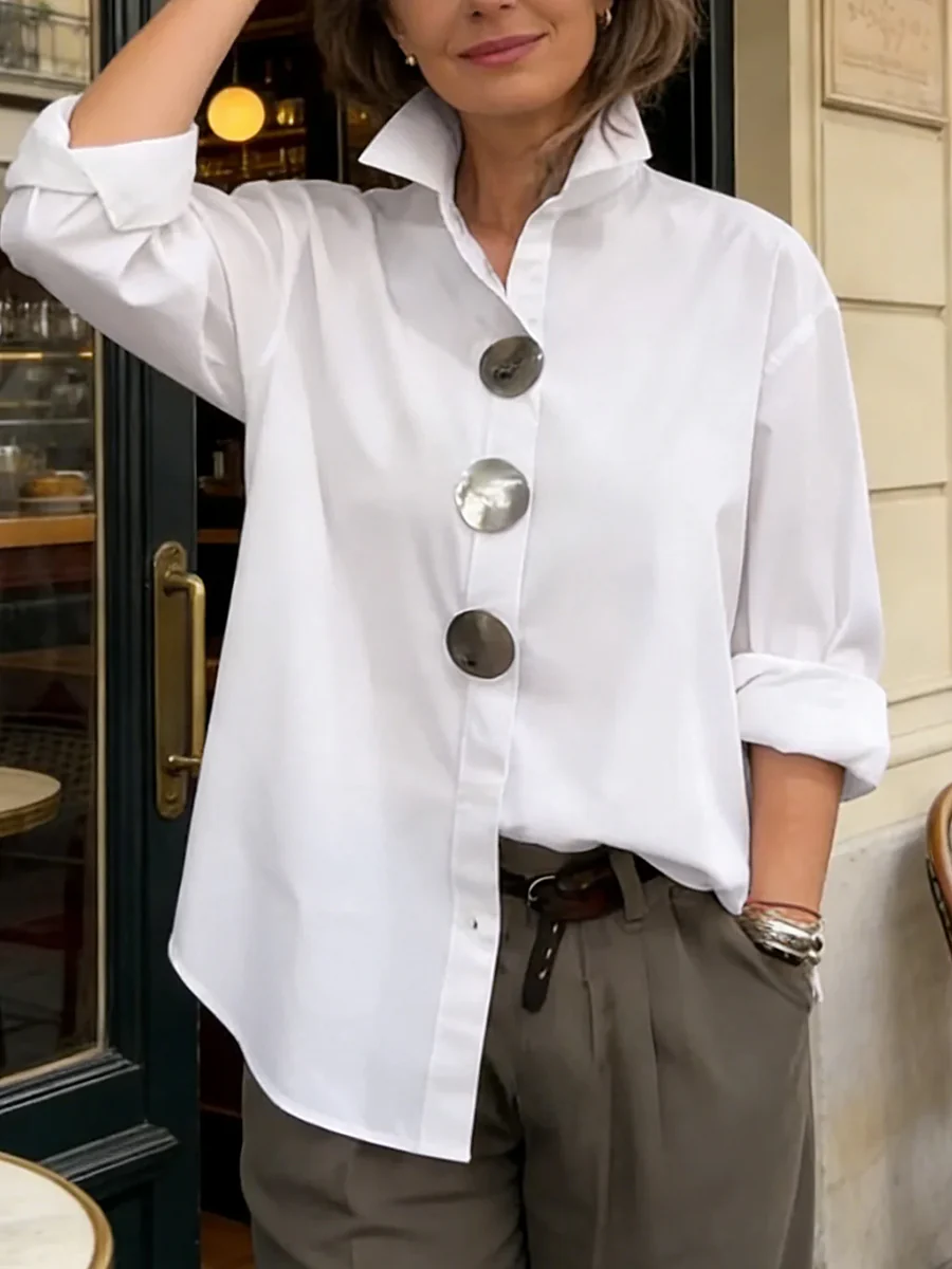 Long Sleeves Loose Buttoned Solid Color Split-Joint Lapel Blouses&Shirts Tops - Image 4