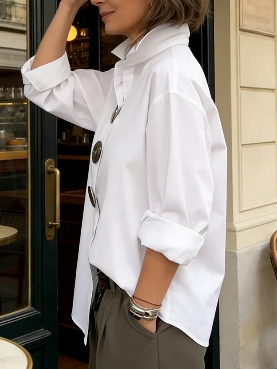 Long Sleeves Loose Buttoned Solid Color Split-Joint Lapel Blouses&Shirts Tops - Image 5