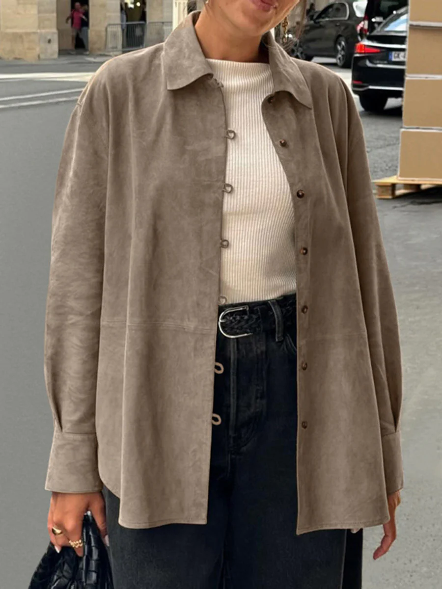 Long Sleeves Loose Buttoned Solid Color Split-Joint Lapel Blouses&Shirts Tops Outerwear