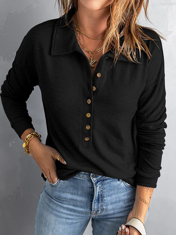 Long Sleeves Loose Buttoned Solid Color Split-Joint Lapel T-Shirts Tops - Image 10