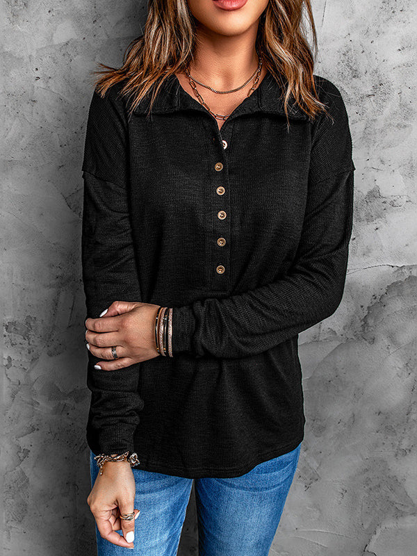 Long Sleeves Loose Buttoned Solid Color Split-Joint Lapel T-Shirts Tops - Image 11