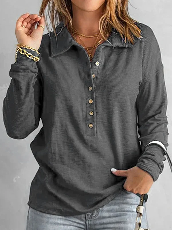 Long Sleeves Loose Buttoned Solid Color Split-Joint Lapel T-Shirts Tops - Image 2
