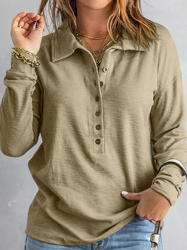 Long Sleeves Loose Buttoned Solid Color Split-Joint Lapel T-Shirts Tops - Image 3