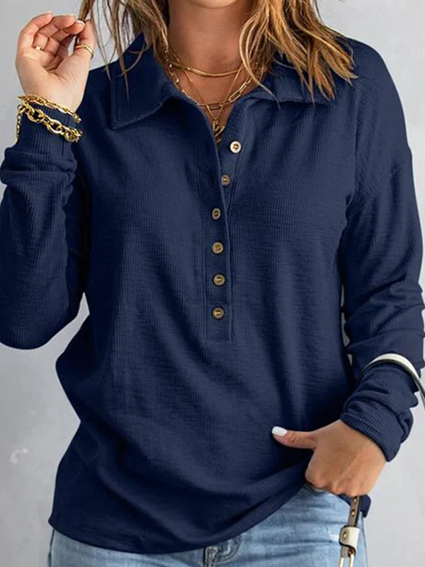 Long Sleeves Loose Buttoned Solid Color Split-Joint Lapel T-Shirts Tops - Image 5