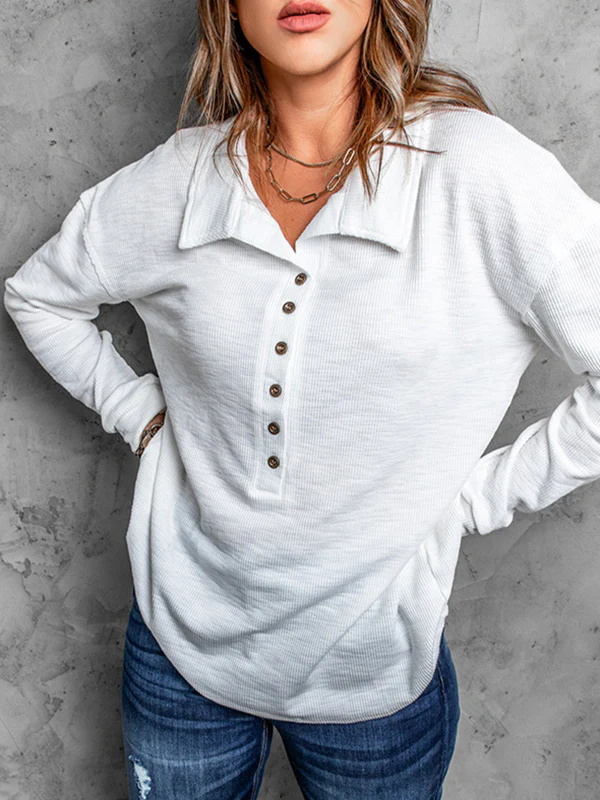 Long Sleeves Loose Buttoned Solid Color Split-Joint Lapel T-Shirts Tops - Image 8