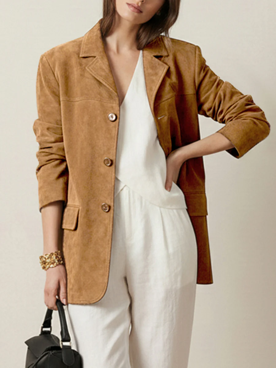 Long Sleeves Loose Buttoned Solid Color Split-Joint Notched Collar Blazer Outerwear - Image 2