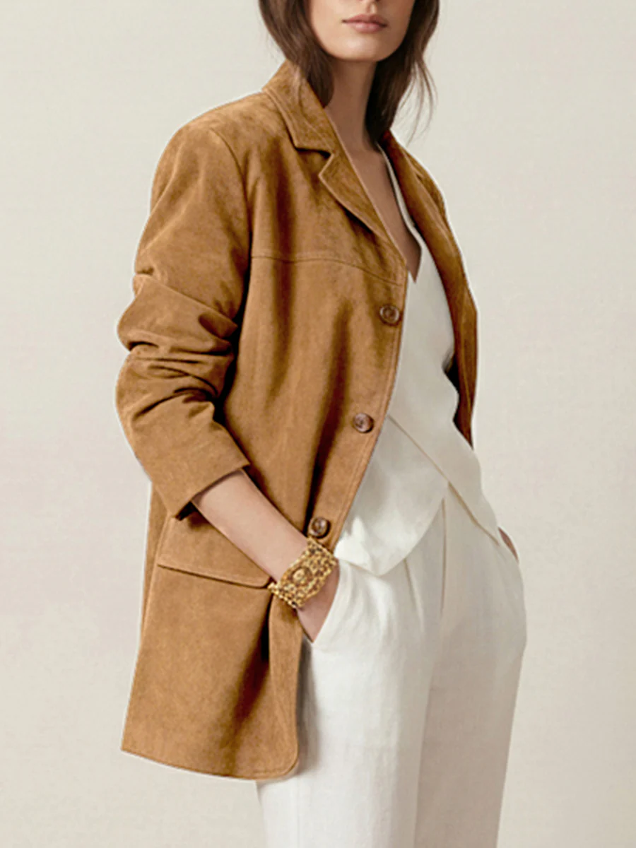 Long Sleeves Loose Buttoned Solid Color Split-Joint Notched Collar Blazer Outerwear - Image 3