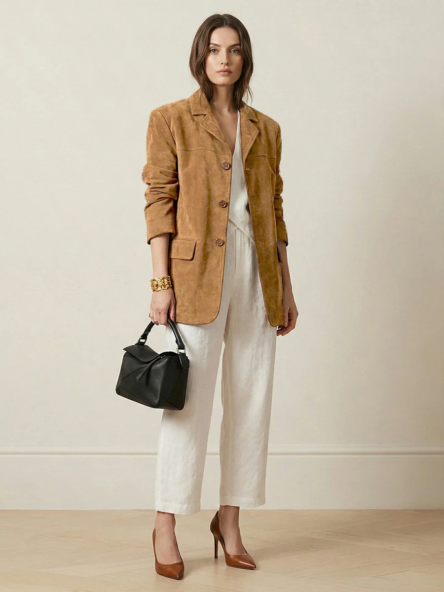 Long Sleeves Loose Buttoned Solid Color Split-Joint Notched Collar Blazer Outerwear - Image 4