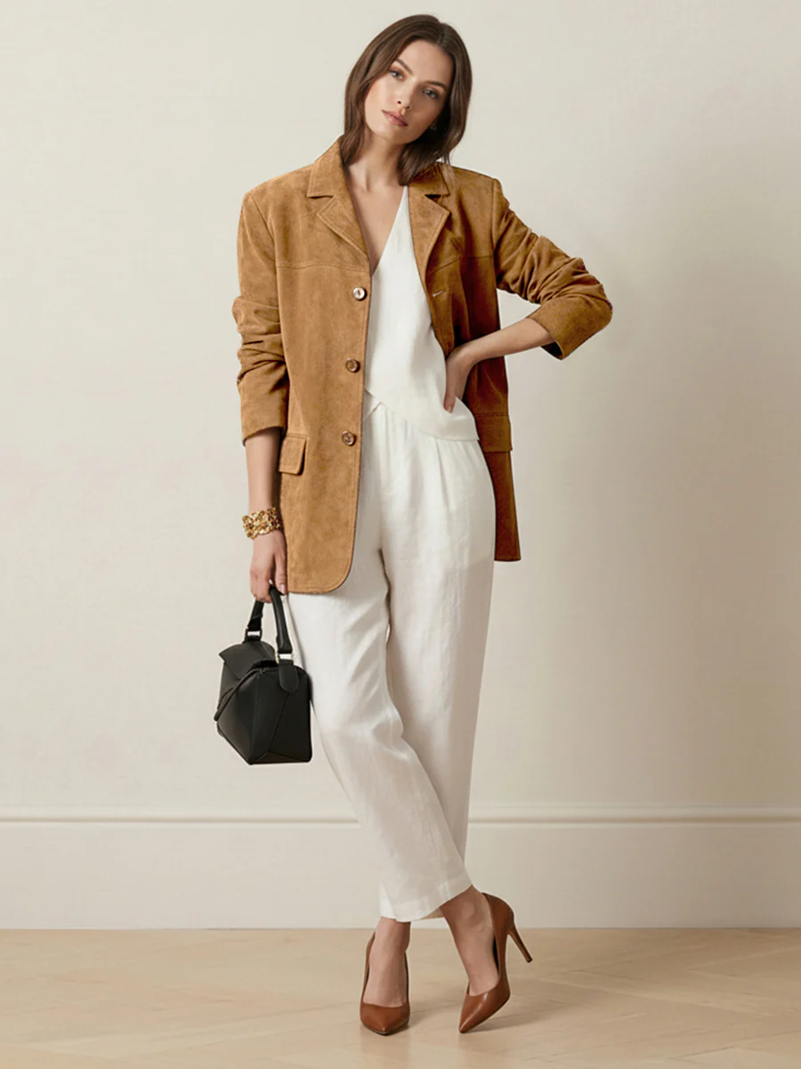 Long Sleeves Loose Buttoned Solid Color Split-Joint Notched Collar Blazer Outerwear - Image 5