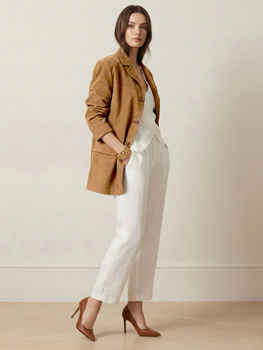 Long Sleeves Loose Buttoned Solid Color Split-Joint Notched Collar Blazer Outerwear - Image 6