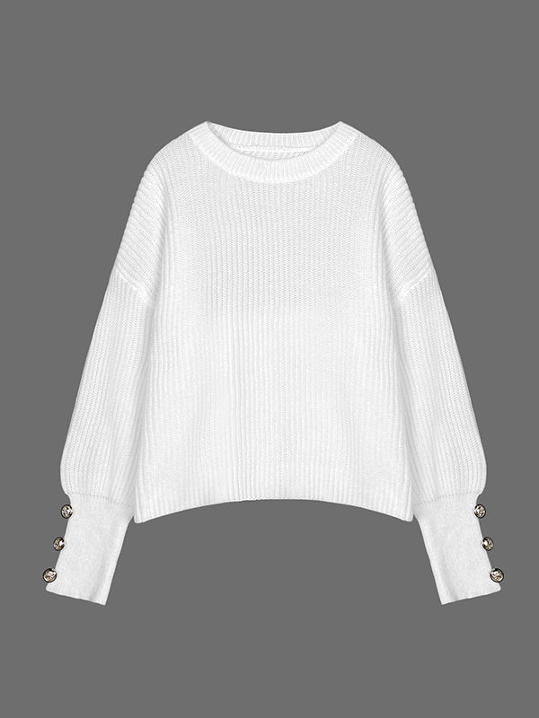 Long Sleeves Loose Buttoned Solid Color Split-Joint Round-Neck Pullovers Sweater Tops - Image 2