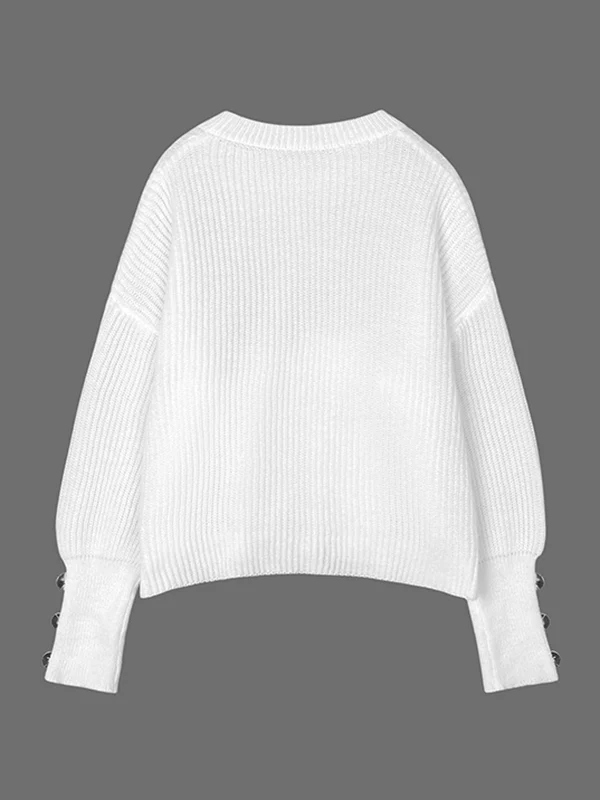 Long Sleeves Loose Buttoned Solid Color Split-Joint Round-Neck Pullovers Sweater Tops - Image 3