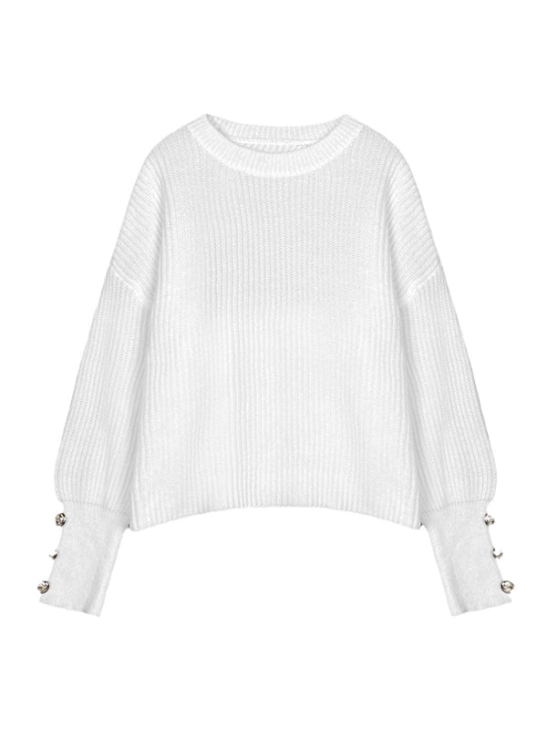 Long Sleeves Loose Buttoned Solid Color Split-Joint Round-Neck Pullovers Sweater Tops - Image 4
