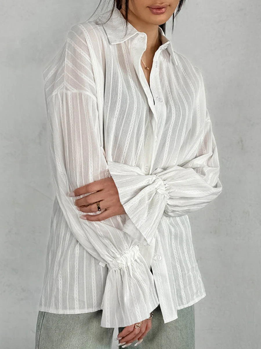 Long Sleeves Loose Buttoned Solid Color Split-Joint Striped Lapel Blouses&Shirts Tops - Image 2