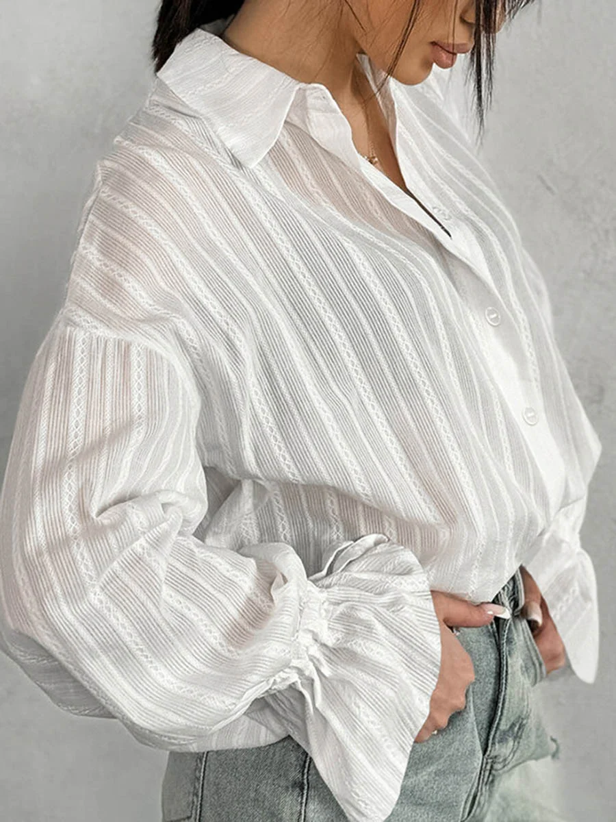 Long Sleeves Loose Buttoned Solid Color Split-Joint Striped Lapel Blouses&Shirts Tops - Image 3