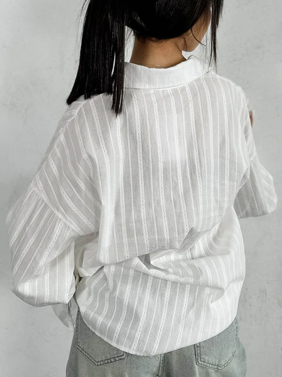 Long Sleeves Loose Buttoned Solid Color Split-Joint Striped Lapel Blouses&Shirts Tops - Image 4